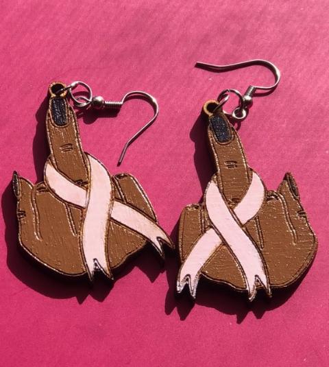 "F" Cancer Hand with Nail Ribbon Earrings